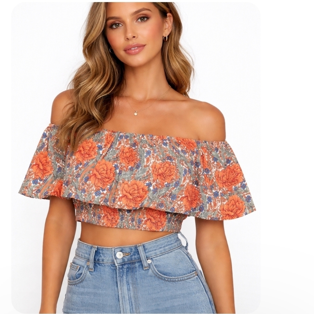 Zara Orange Floral Off-Shoulder Crop Top